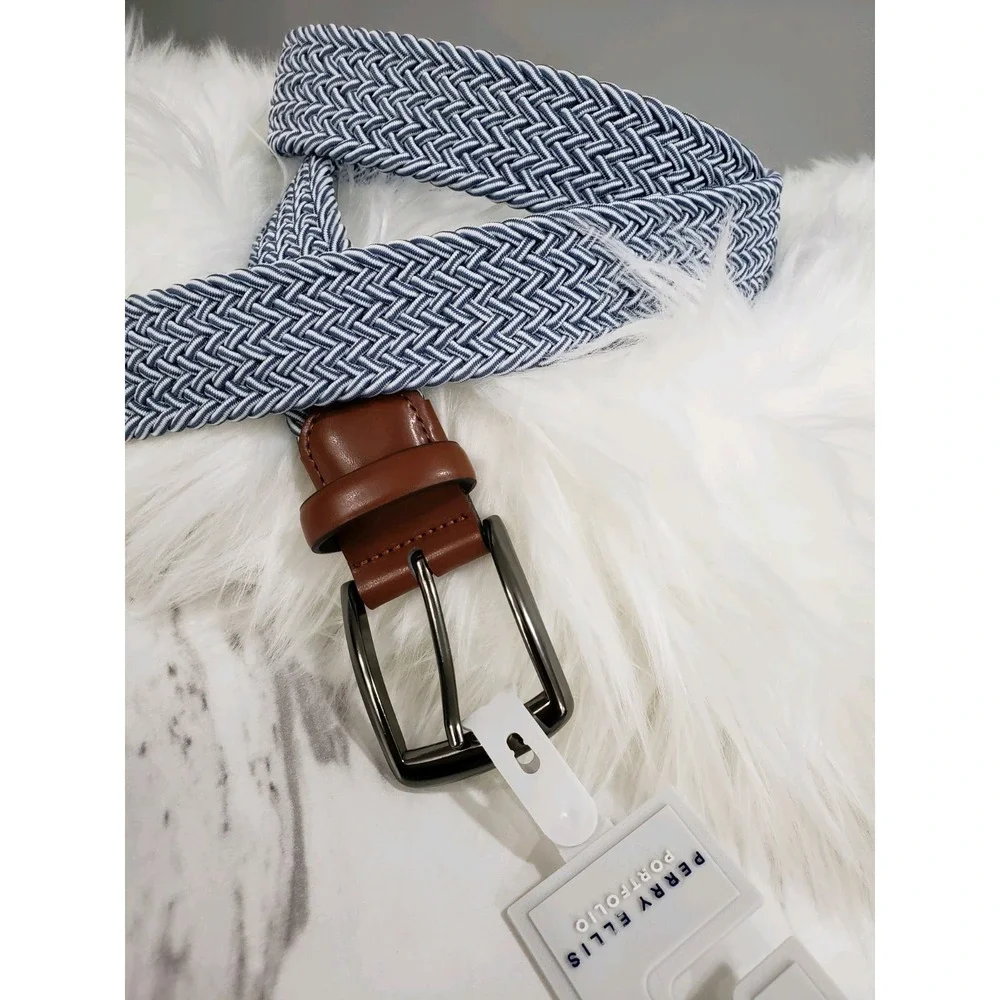 NEW‎ Perry Ellis Men Blue Stretch Woven Belt Golf Preppy Dress Up 34-36 White